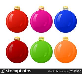Vector illustration of abstract colored Christmas balls on a white background. Vector Christmas balls with a golden cap. Glass Christmas balls and ornaments with reflection
