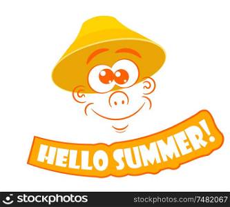 "Vector illustration of abstract cute face with a yellow hat and the text "hello Summer" on a white background."