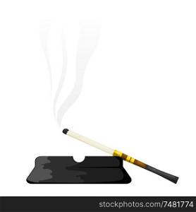 Vector illustration of abstract elegant vintage mouthpiece with ashtray on a white background. Cigarette in cigarette holder with ashtray Cartoon style on a white background, isolated object. Accessory vintage fashion