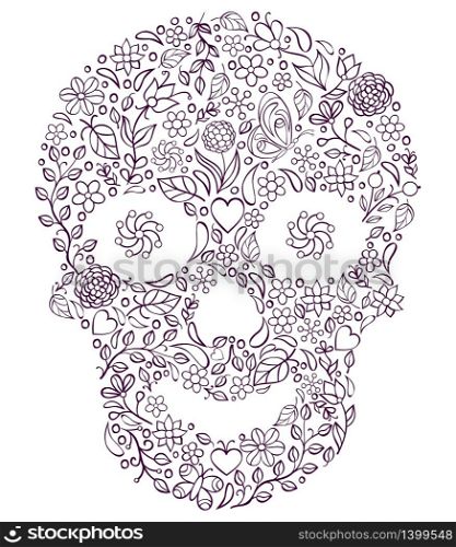 Vector illustration of abstract floral skull isolated on white background.