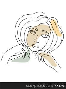 Vector illustration of abstract girl s face, front. The young girl bowed her head. Hands near the face. Simple lines, sketch. Minimalistic style.. Vector illustration of abstract girl s face, front.