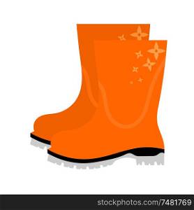Vector illustration of abstract yellow rubber boots with floral ornament on a white background. Autumn shoes on a white background. Isolated object