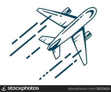 Vector illustration of airplane flying right up leaving a trail on white background. Black and white color line art design for web, site, advertising, banner, poster, board and print.