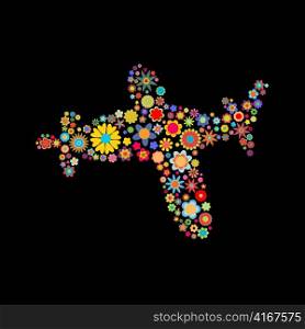 Vector illustration of airplane shape made up a lot of multicolored small flowers on the black background