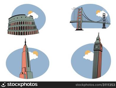Vector illustration of All Over the World Travel. Includes the icons of Coliseum, Golden Gate, Big Ben and Empire State Building .