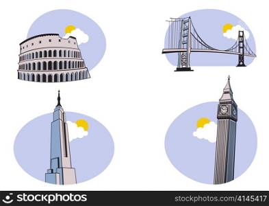Vector illustration of All Over the World Travel Icons. Includes the icons of Coliseum, Golden Gate, Big Ben and Empire State Building .