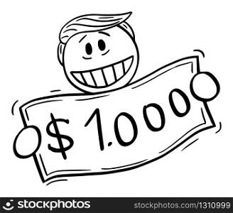 Vector illustration of American president Donald Trump holding one thousand dollars bill, using helicopter money or quantitative easing during recession.March 19,2020.. Vector Illustration of President Donald Trump Holding One Thousand Dollars Bill. March 19, 2020