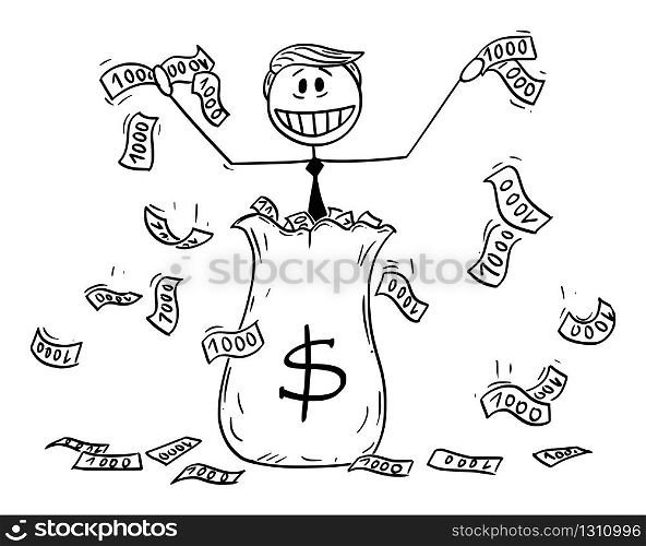 Vector illustration of American president Donald Trump throwing money away, using helicopter money or quantitative easing during recession.March 19,2020.. Vector Illustration of President Donald Trump Throwing Money Away, Using Quantitative Easing or Helicopter Money During Recession.March 19, 2020