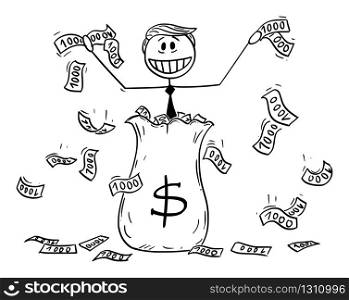 Vector illustration of American president Donald Trump throwing money away, using helicopter money or quantitative easing during recession.March 19,2020.. Vector Illustration of President Donald Trump Throwing Money Away, Using Quantitative Easing or Helicopter Money During Recession.March 19, 2020