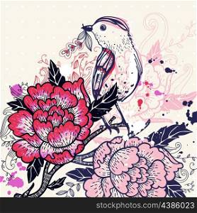 vector illustration of an abstract bird and blooming roses