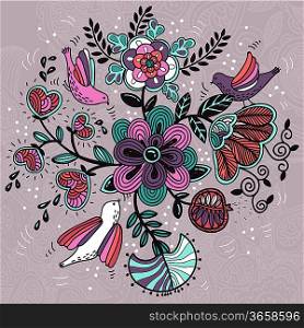 vector illustration of an abstract blooming tree and flying birds