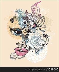 vector illustration of an abstract face, flowers, butterflies and a bird