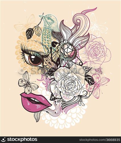 vector illustration of an abstract face, roses, butterflies and a green bird