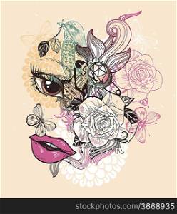 vector illustration of an abstract face, roses, butterflies and a green bird