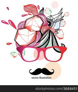 vector illustration of an abstract face with cartoon mustache in red glasses