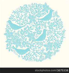 vector illustration of an abstract floral circle with blue birds and plants