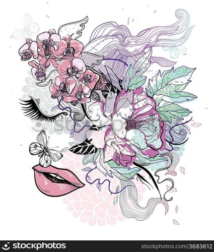 vector illustration of an abstract girl and blooming flowers