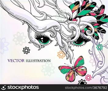vector illustration of an abstract girl with colorful feathers and a butterfly