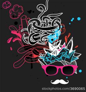 vector illustration of an abstract man in pink glasses with white mustache