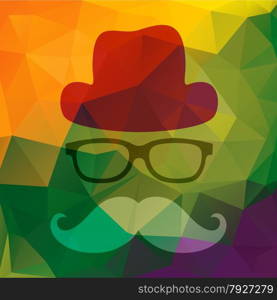 Vector illustration of an abstract man with glasses, hat and mustache. Abstract colorful triangles background