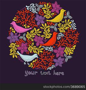 vector illustration of an abstract planet with colorful birds and plants