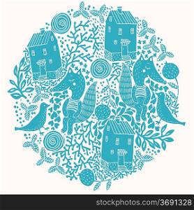 vector illustration of an abstract planet with funny animals, plants and houses