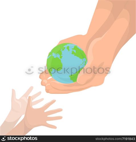 Vector illustration of an adult hand, transmitting the planet Earth in children&rsquo;s hands. Protect Earth. Ecology. Vector illustration of an adult hand, transmitting the planet Ea