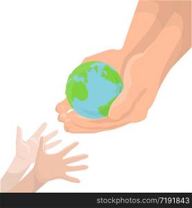 Vector illustration of an adult hand, transmitting the planet Earth in children&rsquo;s hands. Protect Earth. Ecology. Vector illustration of an adult hand, transmitting the planet Ea