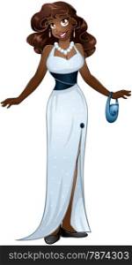 Vector illustration of an african woman in white evening dress.&#xA;
