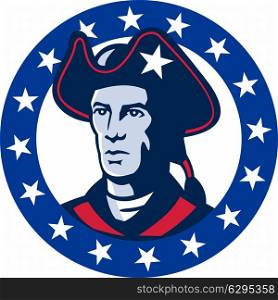 vector illustration of an american patriot minuteman militia revolutionary soldier set inside circle with stars around done in retro style.