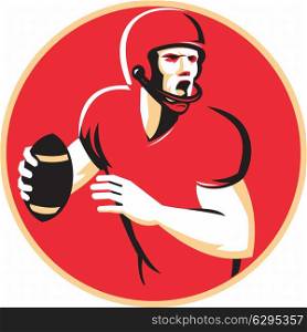 vector illustration of an american quarterback football player shouting passing ball set inside circle done in retro style.&#xA;