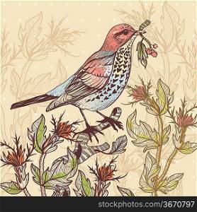 vector illustration of an autumn plants and a colorful bird