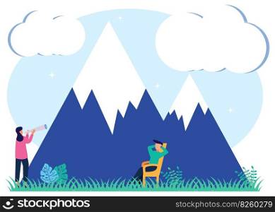 Vector illustration of an ecotourism concept. Uninterrupted natural mountain environment tourism. Outdoor hiking exploration. Earth-friendly vacation eco-friendly tourism business.