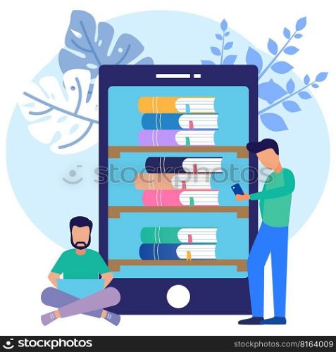Vector illustration of an educational concept. the character of the person around the pile of books inside the smartphone. Practical online book library.