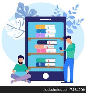 Vector illustration of an educational concept. the character of the person around the pile of books inside the smartphone. Practical online book library.