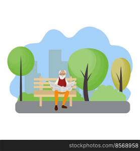 Vector illustration of an elderly man sitting alone in a park on a bench outside the city and reading a newspaper. Grandfather with glasses with gray hair. Active pensioners on vacation outdoors