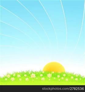 Vector illustration of an idyllic sunny nature background with a blue gradient stripes sky, green grass with yellow flowers and romantic sky.