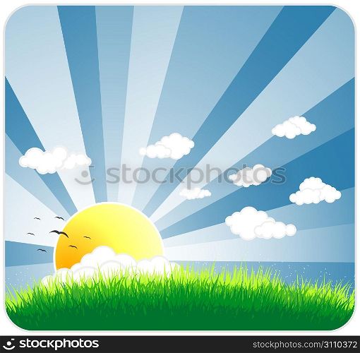 Vector illustration of an idyllic sunny nature background with a blue gradient stripes sky, birds, green grass layers of grass and romantic sky.