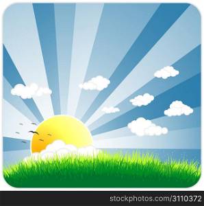 Vector illustration of an idyllic sunny nature background with a blue gradient stripes sky, birds, green grass layers of grass and romantic sky.
