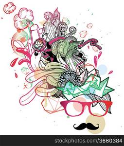 vector illustration of an invisible face in red glasses with cartoon mustache and a fantasy haircut