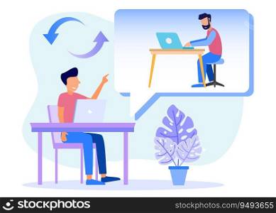 Vector illustration of an office employee coordinating with coworkers. Complete the task well. Scheduled workspace locations for flexibility and efficiency.