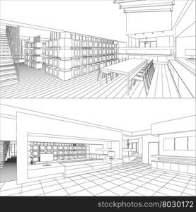 Vector illustration of an outline sketch of a interior. 3D drawing interior