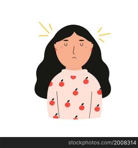 Vector illustration of an upset, frustrated girl. Female portrait in a modern flat style. Cute character design. Vector illustration of an upset, frustrated girl.
