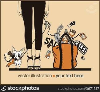 vector illustration of an urban girl with a doggy and a yellow bag with purchase