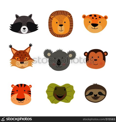 Vector illustration of animal faces including tiger, lion, Jaguar, lizard, sloth, monkey, Koala, lynx, raccoon