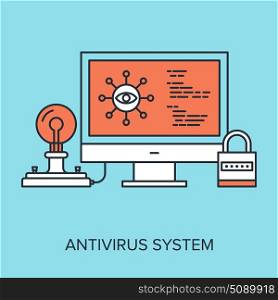 Vector illustration of antivirus system flat line design concept.
