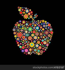 Vector illustration of apple shape made up a lot of multicolored small flowers on the black background
