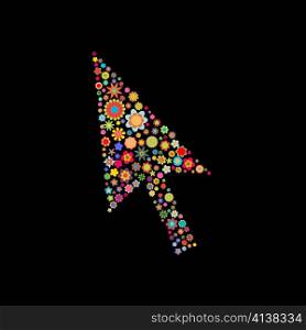 Vector illustration of arrow cursor shape made up a lot of multicolored small flowers on the black background