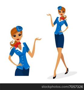 Vector illustration of attractive young stewardess in uniform, isolated on white background. Vector illustration of attractive young stewardess in uniform