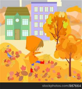 Vector illustration of autumn city yard with bright foliage trees, girl playing with autumn leaves, houses, pigeon and sparrows